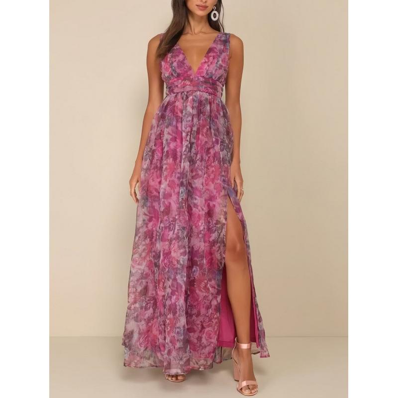 Purple pink smudged floral deep, sleeveless split yarn dress wedding vacation atmosphere dress dress