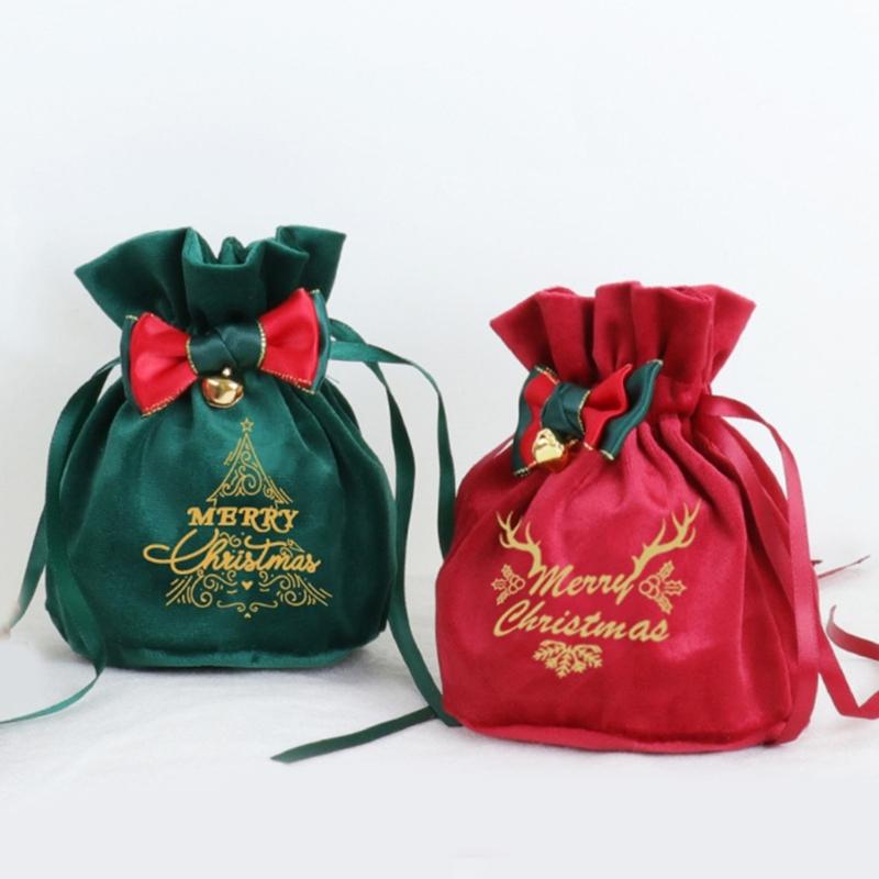 Reusable Holiday Velvets Treat Pouch Drawstring Gift Bag With Bowknot And Bell Christmas Party Decoration Accessories