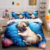 Conjunto de Capa de Edredom 3 Peças Filhote de Pug Dormindo Flor Estrela Azul Almofada Berçário Noturno Roupa de Cama Solteiro Casal King Queen Presente