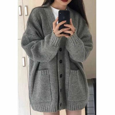 Moda Coreana Feminina Vento Preguiçoso Caimento Solto Cardigan Tricô Suéter Mulheres Novo Cardigans Coreanos Tricot Tops Casaco