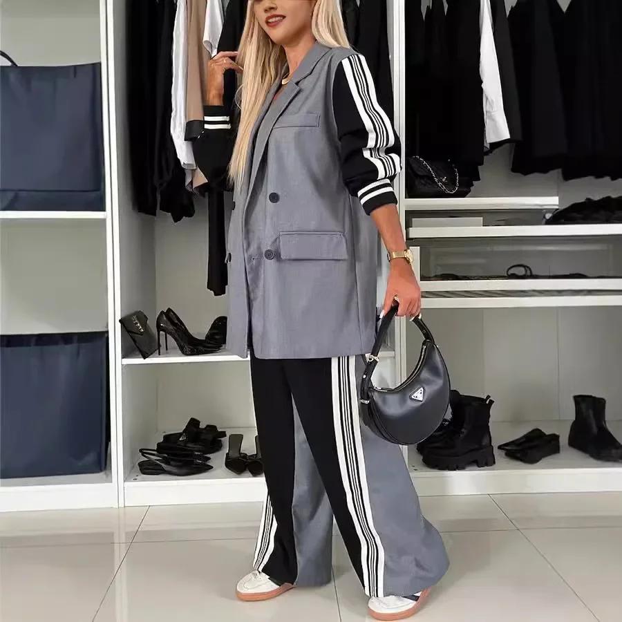 Terno feminino de manga comprida com costura dupla, casual, de duas peças, outono e inverno