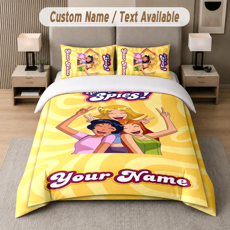Benutzerdefinierter Name Totally Spies 3-teiliges Bettwäsche-Set Personalisierter Text Bettwäsche Kissenbezüge Schlafzimmer