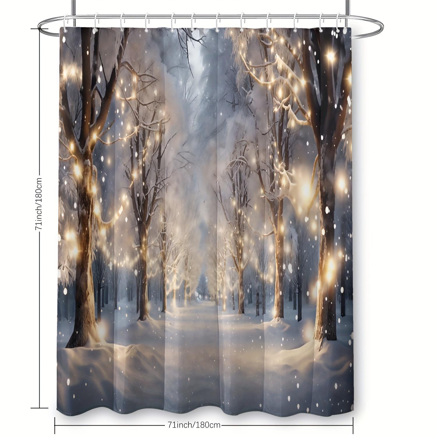 

Festive Snowy Forest Shower Curtain: Christmas lights & snowflakes, polyester, machine washable, winter wonderland theme. W90xH180cm
