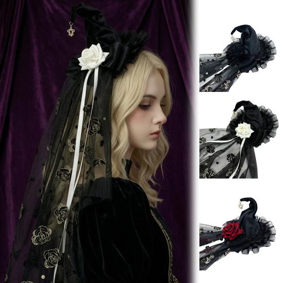 Holiday Atmosphere Props Halloween Witch Hat with Rose for Women, Gothic Vintage Mini Wizard Creative Headpiece Veil Costume, Dress Up, Masquerade
