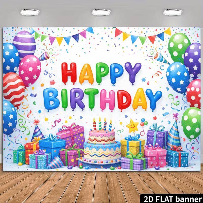 

2D Rainbow Happy Birthday Photography Backdrop, Balloon & Gift Box Background 47.2x31.5inch/120*80cm