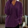 Women's European and American Casual V-Neck Cable Knit Sweater Coat - Solid Color, Autumn/Winter Pullover.