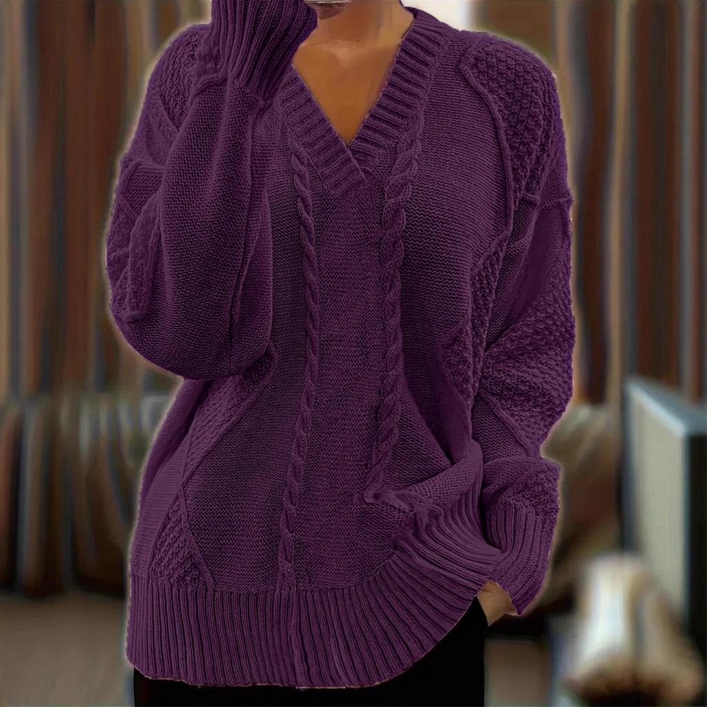 Women's European and American Casual V-Neck Cable Knit Sweater Coat - Solid Color, Autumn/Winter Pullover.