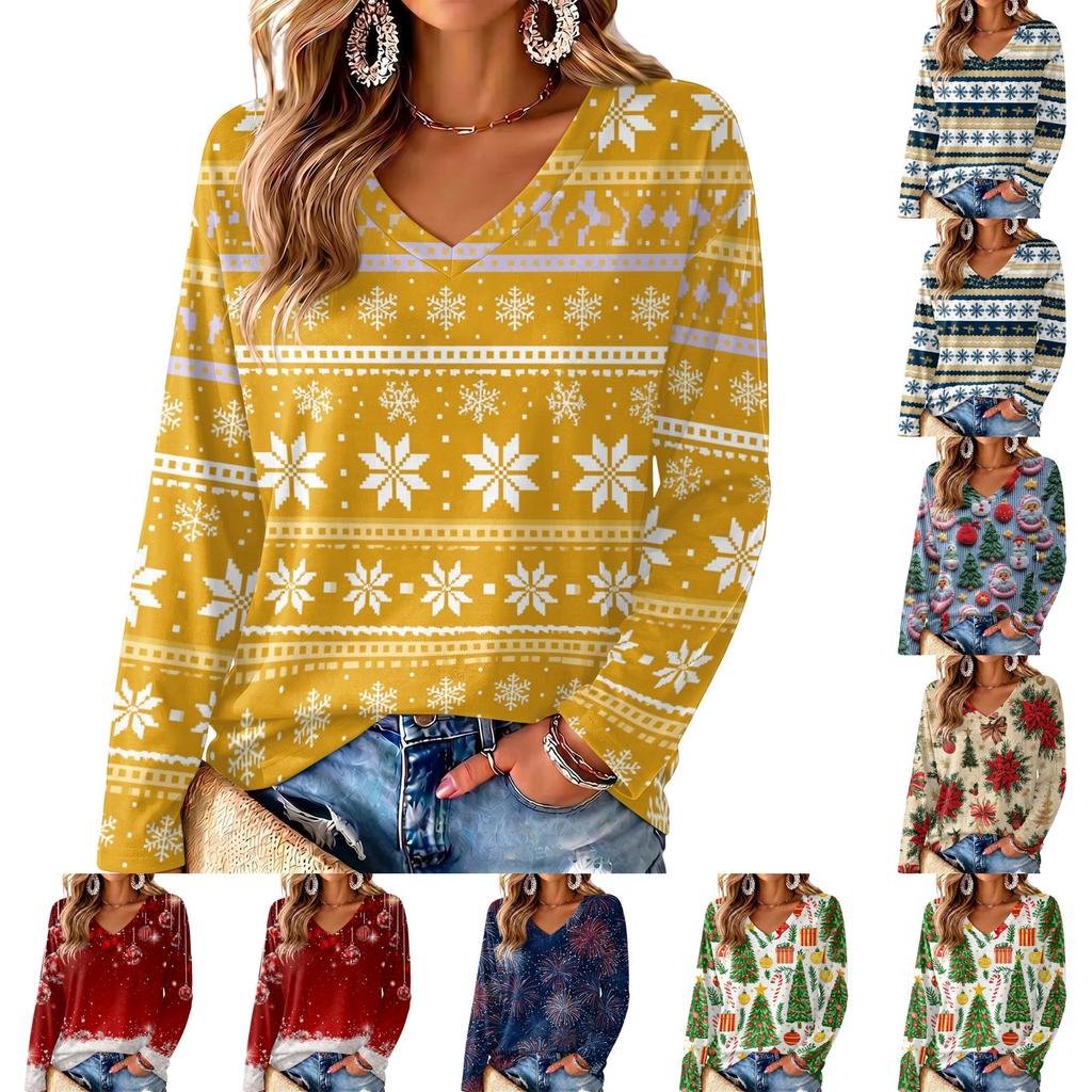 Women's V-Neck Long Sleeve Christmas Printed Lightweight Top for Spring and Summer