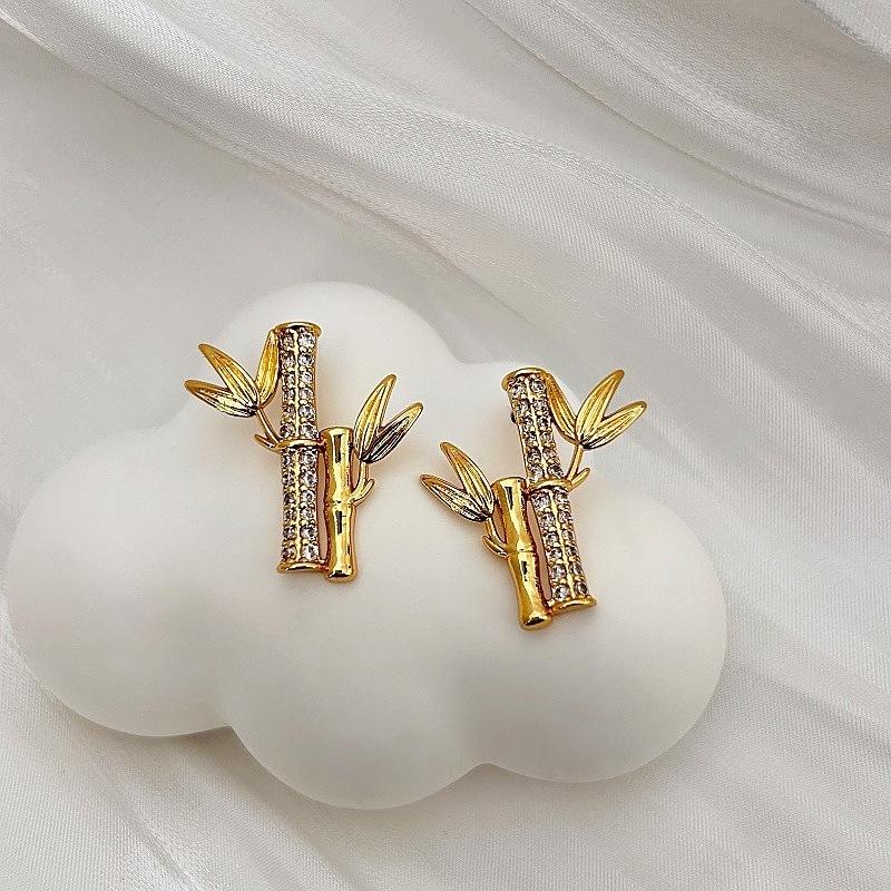 Gaosheng Bamboo Stud Earrings Creative Unique Personality Zircon Stud Earrings Light Luxury Fashion Earrings