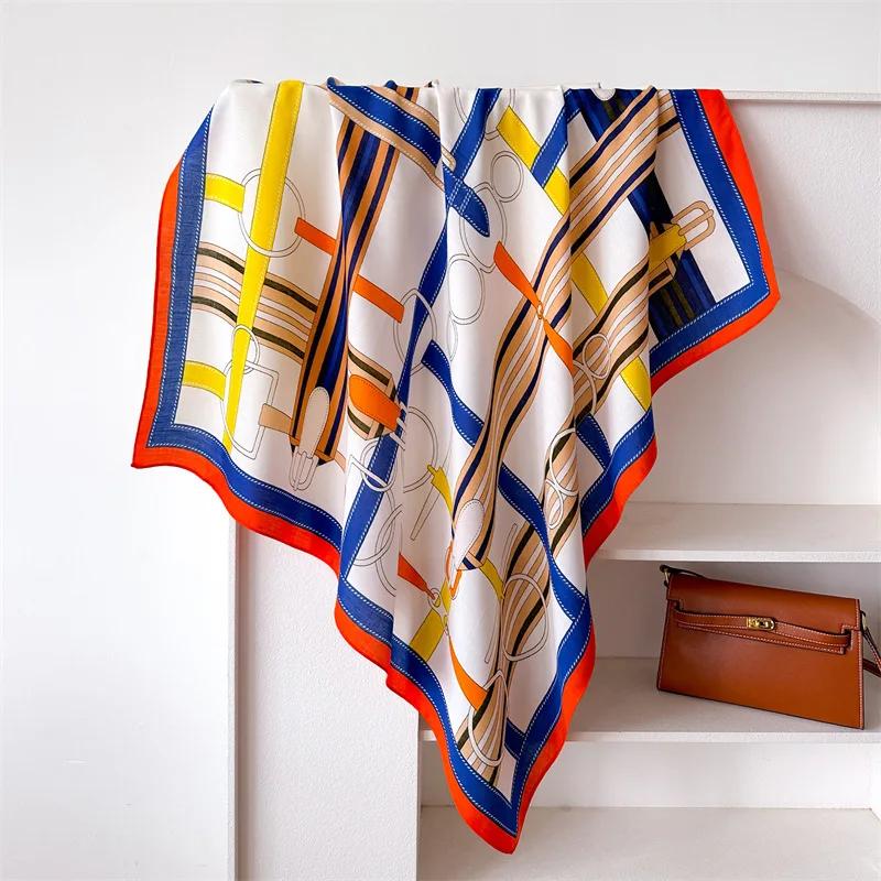 

90*90 2024 New Fashion Light Luxury Silk Scarf Women Twill Simple Square Scarves Ladies Sunscreen Shawl Headscarf All Seasons оранжевый