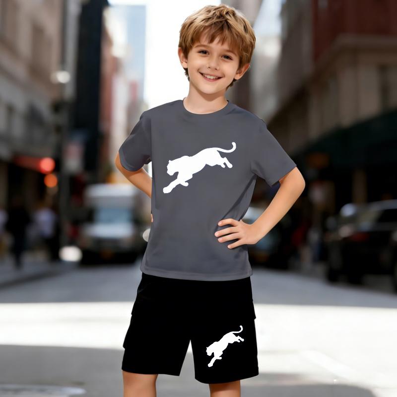 Completo da Ragazzo 2 Pezzi Stampa Leopardo Cartone Animato, Set T-shirt a Maniche Corte e Pantaloncini per Bambini Età 5-14 Anni, Abbigliamento Estivo Sportivo Casual Bianco e Nero