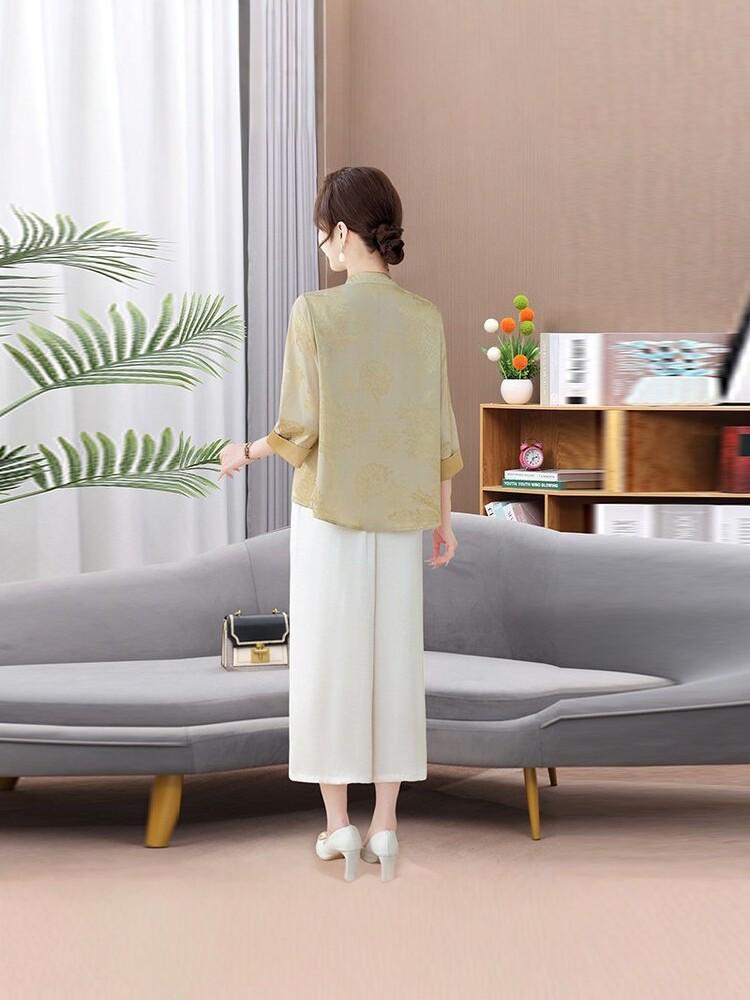 Chic Summer Two-Piece Chinese Style Suit for Mature Women - Loose, Fashionable, Slimming with Wide-Leg Pants