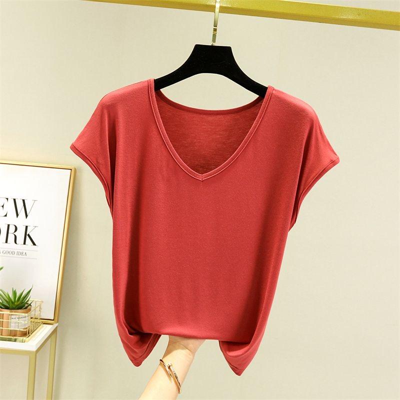 Women Summer Solid V Neck Basic T Shirt Modal Loose Tee Tops Casual Undershirt