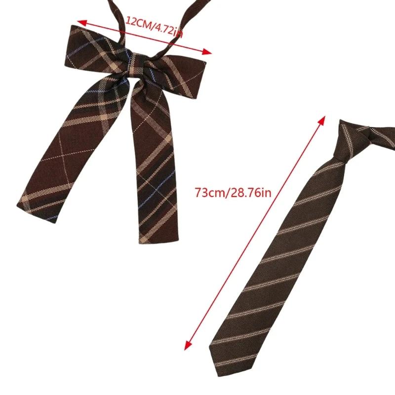 Polyester Silk Pre-Tied Neck Tie Vintage Brown Checkered Striped Necktie JK Girl School Student Uniform Bowknot Bowtie