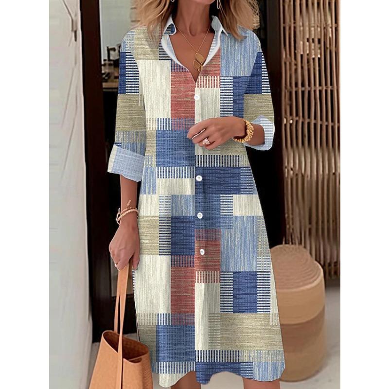 TIFICY Women s Fashion Spring Fall Stripe Print Long Sleeve V-Neck Loose Waistline Casual Dresses S
