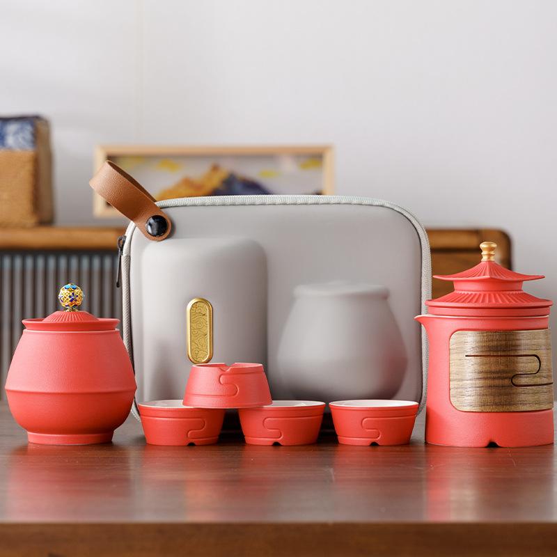 Forbidden City suet jade porcelain kung fu travel tea set, one pot and four cups of business commemorative high-end souvenir