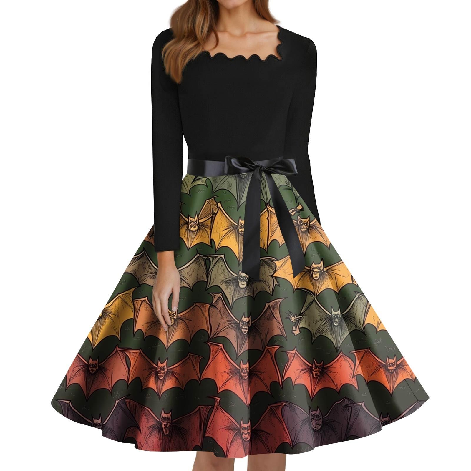 

Women s Fashion Square Neck Casual Slim Halloween Printed Long Sleeve Dresses L армія зелений колір