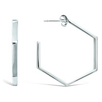 [Q4060] - Gold Plated Hoop Earrings 'Cleopatra' Rhodium Silver (hexagon) 30 Mm 3 Mm