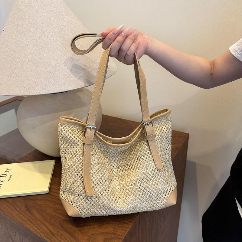 

Yogodlns Casual Large Capacity Woven System Handbag Summer Beach Straw Woven Underarm Tote Bag Motorcycle Equipment Shoulder Bag 24.5x8x23cm чёрный