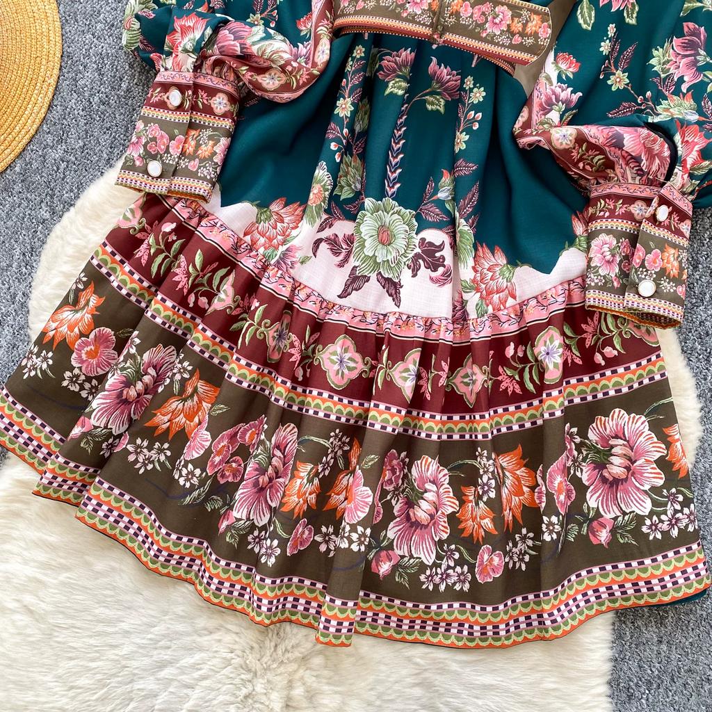 Women's Summer Dress Vintage Designer Print Mini Dresses Stand Collar Single Breasted Party Shirt Dress with Belt