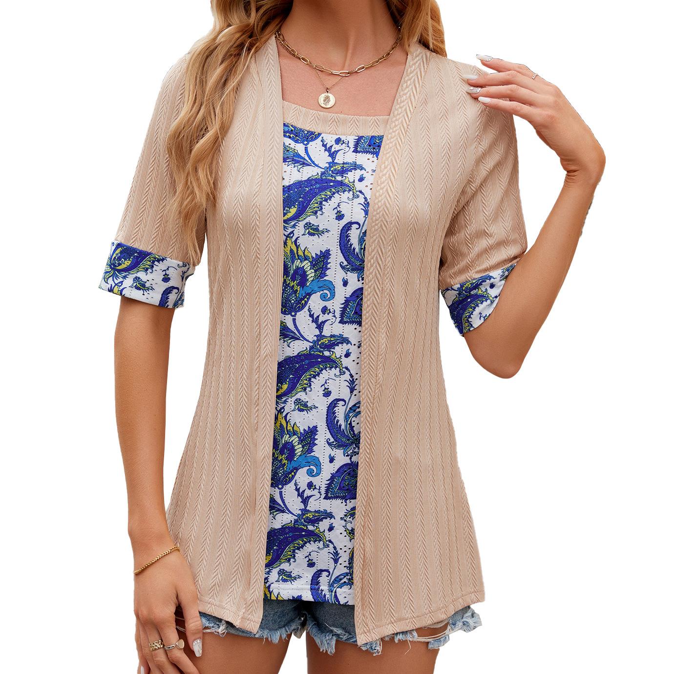 

Женская верхняя летняя футболка с квадратным воротником и средними рукавами с принтом, повседневная блузка, футболка XXL абрикосовый