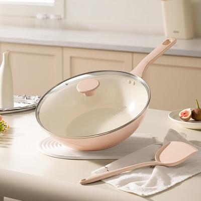 Wok Antiadhésif Série Rose DESLON en Titane Céramique avec Spatule