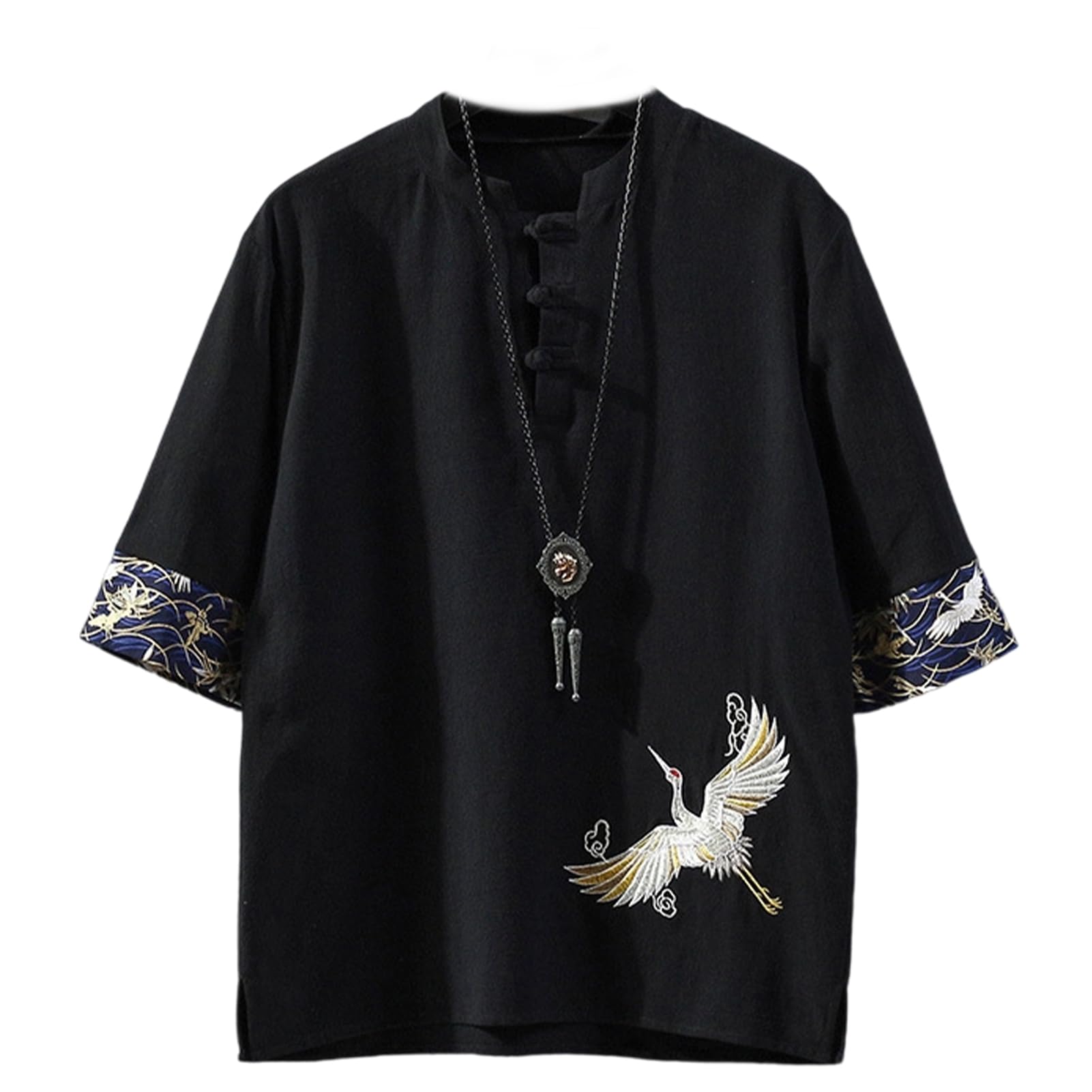 

Formemory Summer Short Japanese Plus Sizes Loose Solid Casual Top Men s T-Shirt, Sleeve, Cotton-Linen Blend, Style, Embroidered, 5/8 Sleeves, чёрный