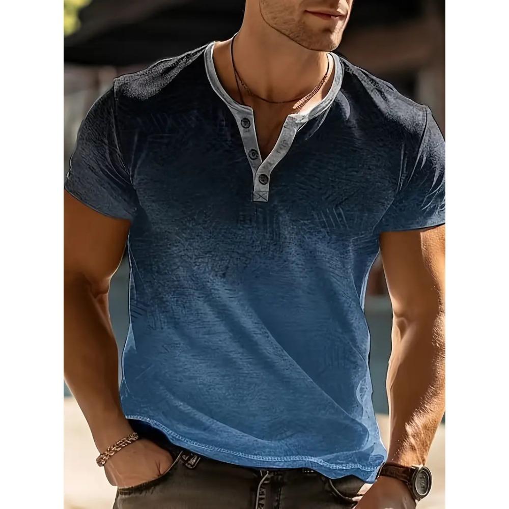 New Men's Casual Striped Gradient Henley-neck Short-sleeved Henley Shirt