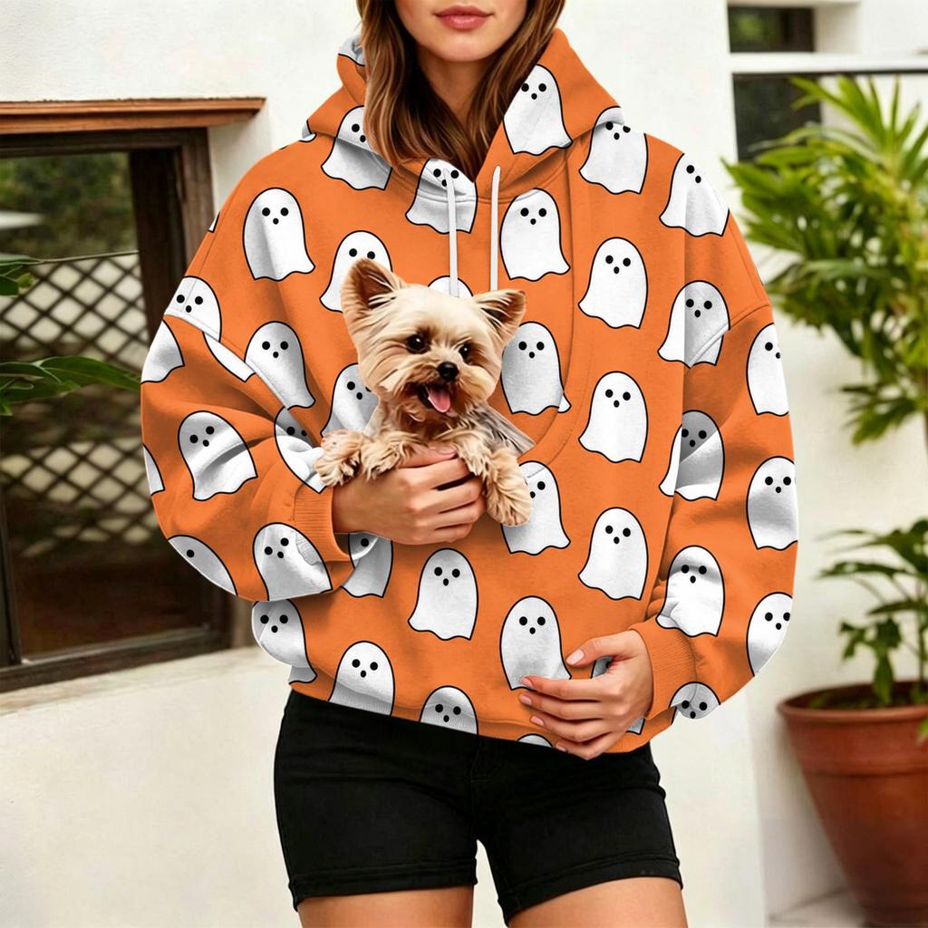 Women's Halloween Print Hoodie with Large Pet Pocket for Fall and Winter Casual Wear
