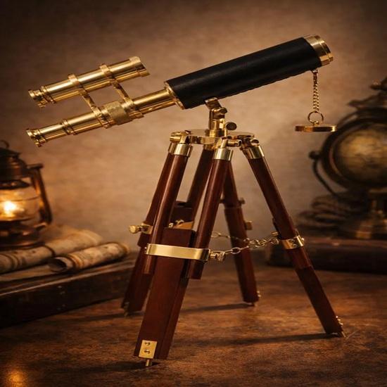 Brass Double Barrel Telescope Vintage Nautical Decor with Wooden Tripod