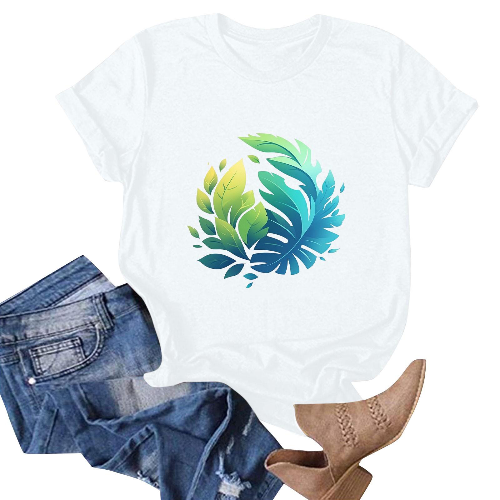 

Жіноча мода повсякденний гавайський принт короткий рукав футболка топ короткий рукав футболка топ XL білий