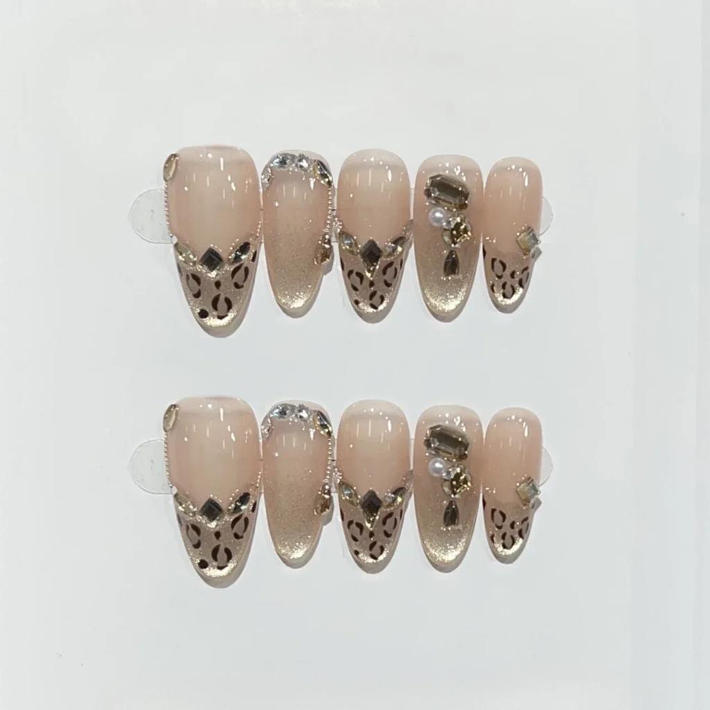 10 Pcs Autumn Winter Handmade Cat Eye Leopard Rhinestone Almond Acrylic Press On Nails Full Cover False Nail Tips