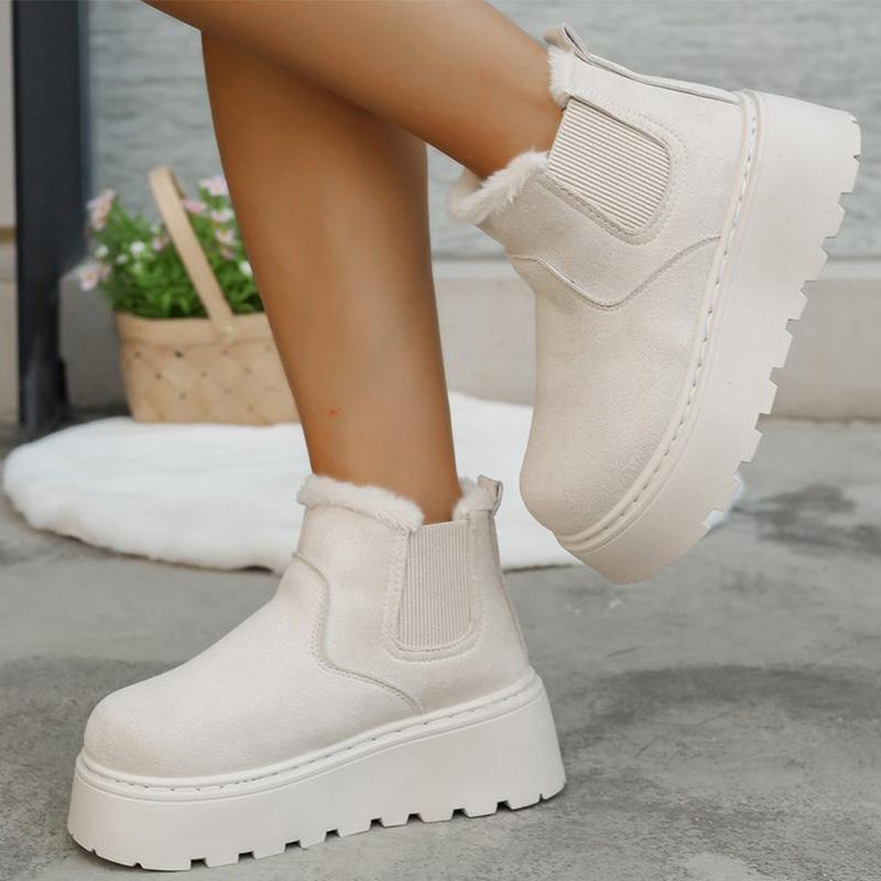Fashion British Style Solid Color Platform Snow Boots Women Winter Soft Short Plush Warm Ankle Boots Woman Faux Suede Booties Female