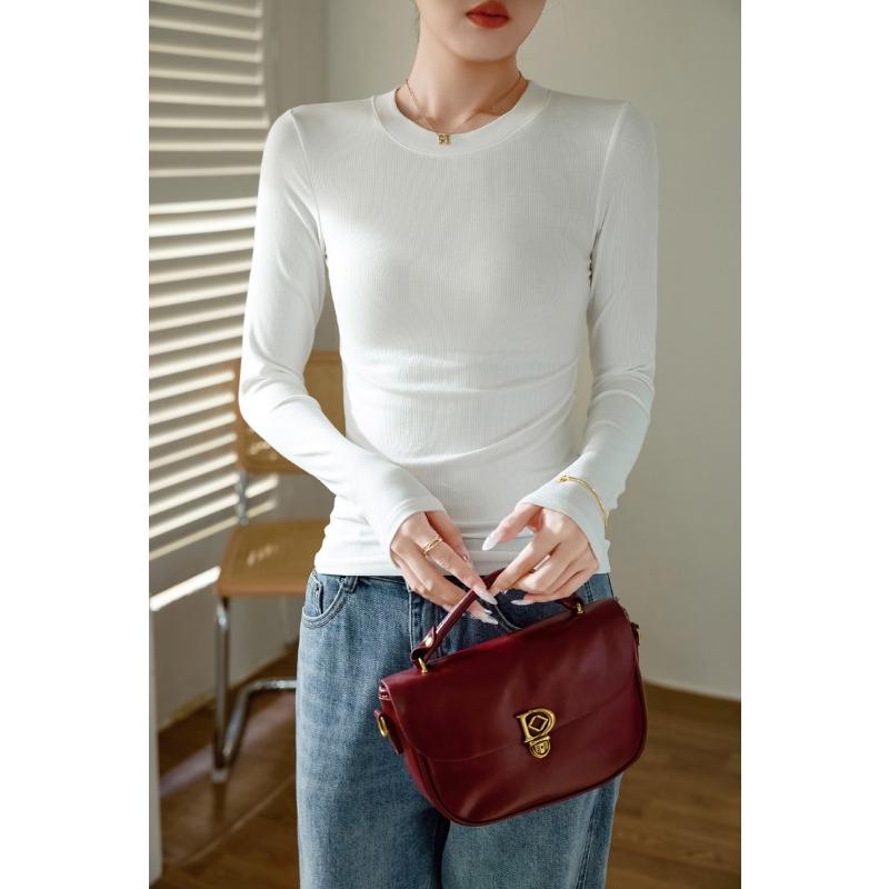 Women High Elastic Ribbed Crew Neck Long Sleeve Slim Fit Base T Shirt Top
