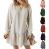 Casual Losse Sweatshirt Mini Jurken voor Dames met Lange Mouwen en Geribbelde Ronde Hals Pullover Stijlen Ruche Sweatshirt Jurk