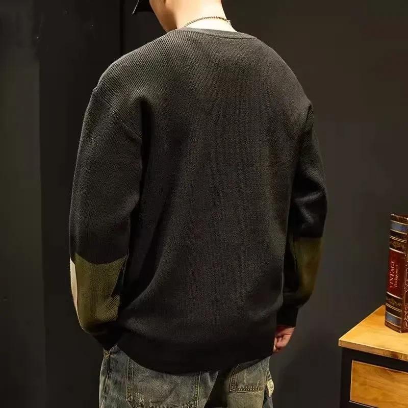 Men's Loose Crew Neck Thickened Color Block Patchwork Trendy Warm Outerwear Knit Sweater Autumn Winter New Style