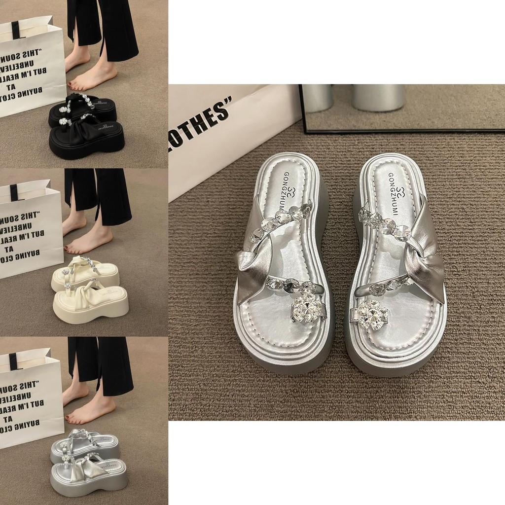 Stylish Silver Thick-soled Women's Sandals With Rhinestones For Summer Comfort