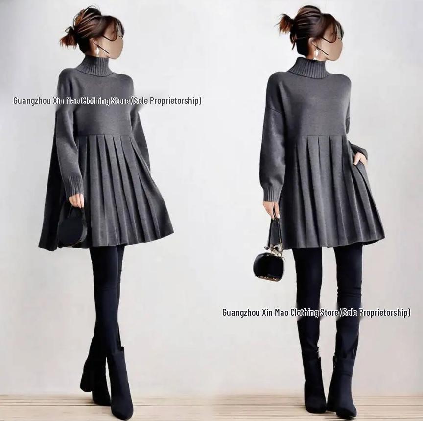 2025 Autumn/Winter Pure Color Pleated Mid-Length Women's Sweater with Patchwork Design