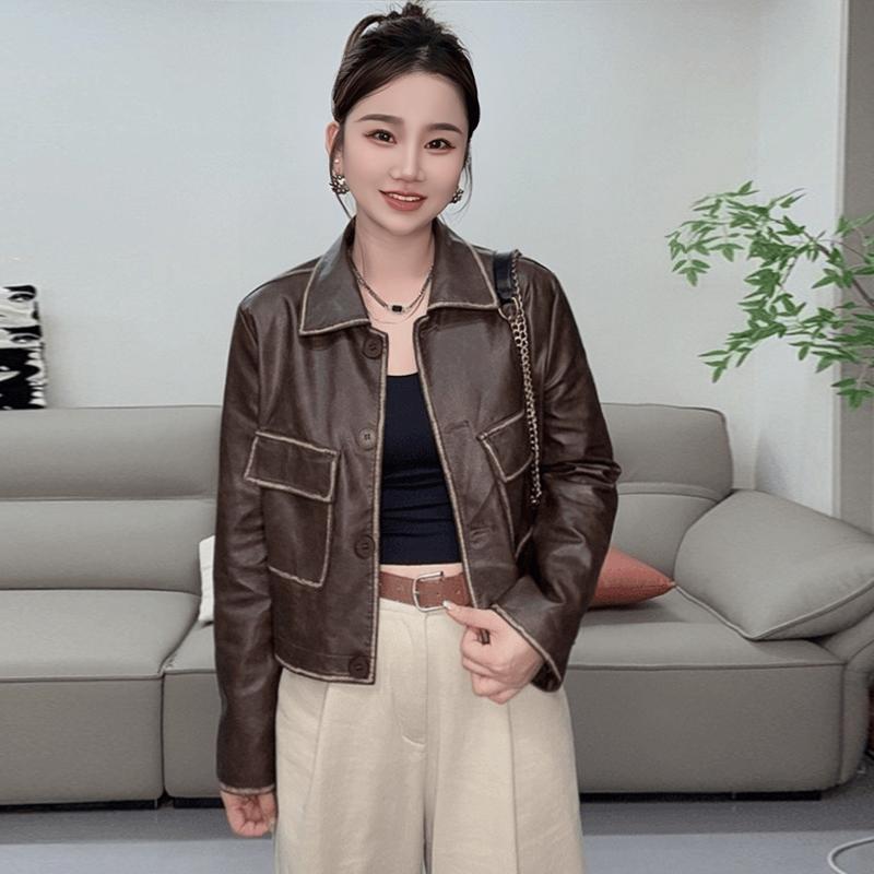 

Небольшая модная кожаная куртка с длинными рукавами для женщин, короткая куртка с лацканами в стиле ретро, осенний стиль, новый стиль, свободная и узкая кожаная куртка 2XL