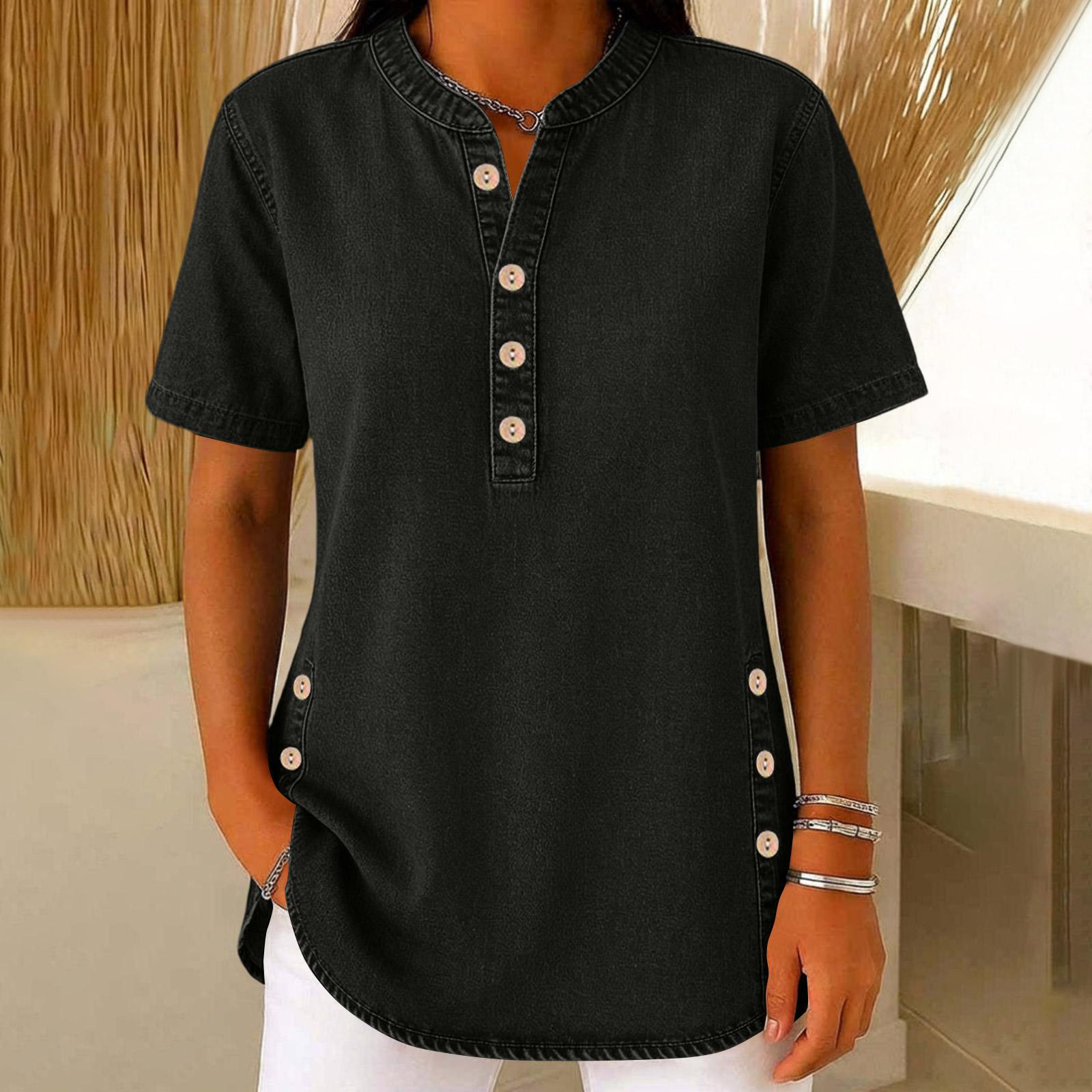 

Ladies Casual Imitation Denim V-neck Button Short Sleeved Top XXL чёрный