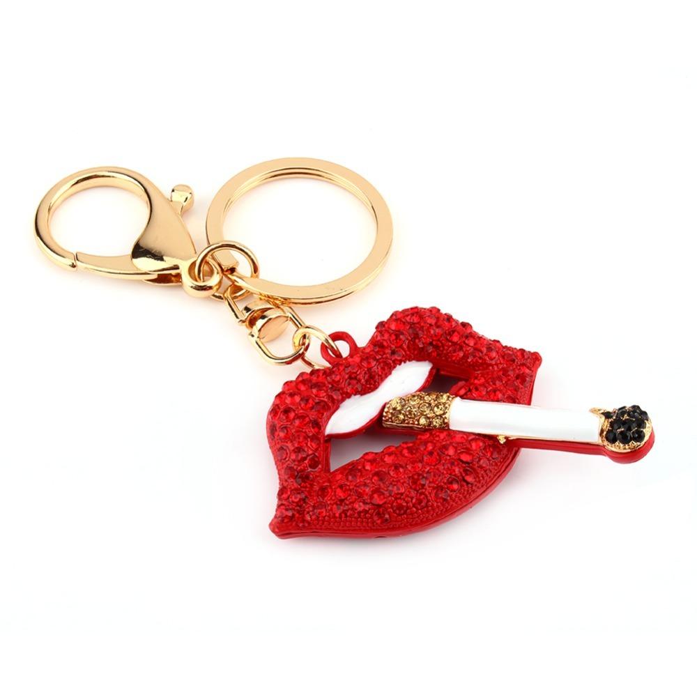 Sparkly Rhinestones Smoking Red Lips Keyring Creative Red Lip Keychain Lobster Clasp Lips Pendant Rhinestone Keychain