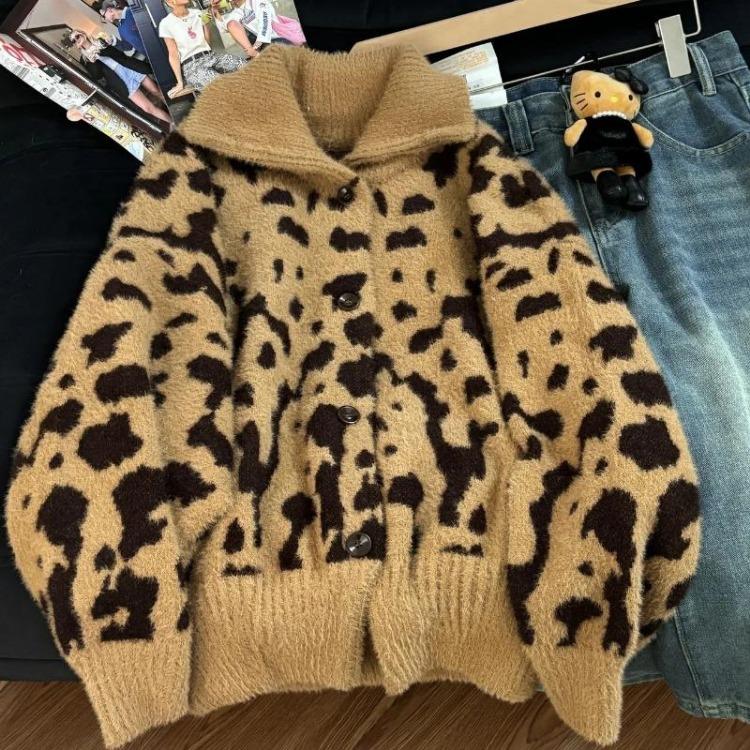 Winter Oversize Fleece Sweater Coat for Women Leopard Knit Cardigan Thickened Solid Color Loose Long Sleeve