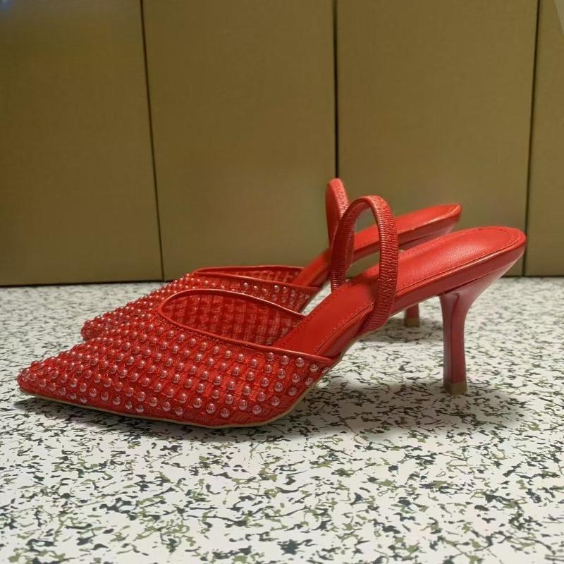 Fashion 2025 Luxury Pearl Summer Women Party Shoes Pointed Toe Slingback Red Wedding Bridal Sandals Sexy Nightclub Sandalias Mujer