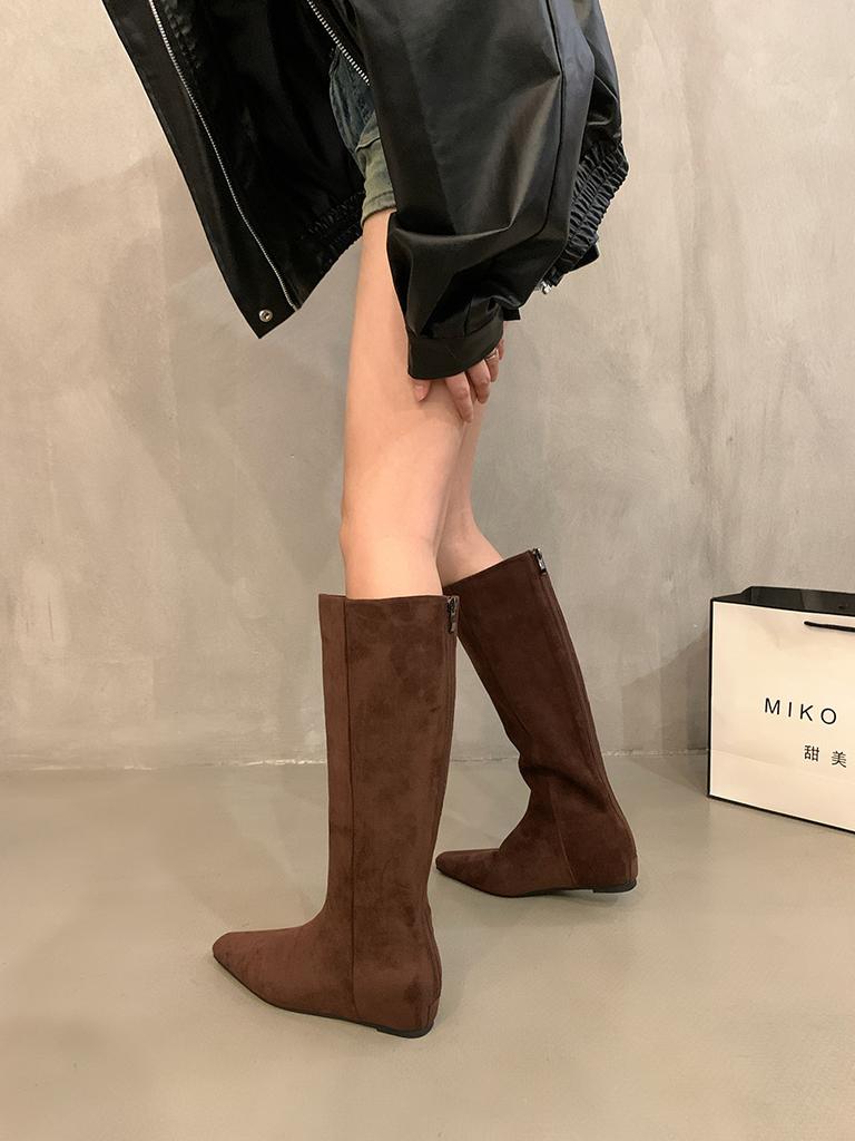 Inner heightening retro khaki skinny boots medium boots women's shoes 2025 new autumn and winter long tube knight boots