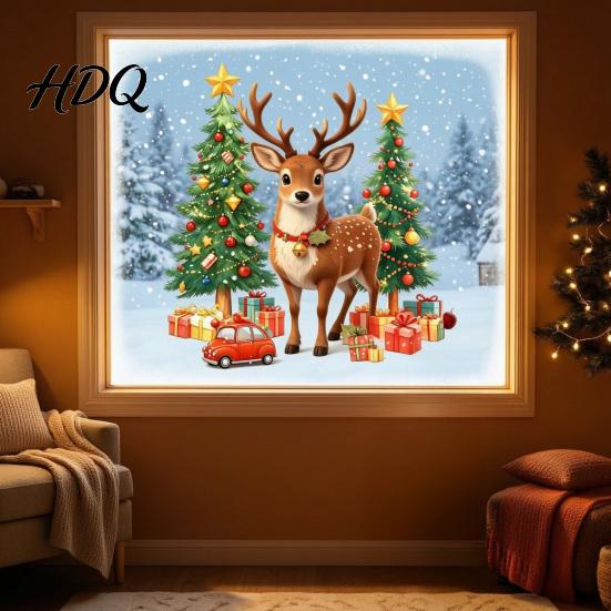 Elk Tree Glass Stickers 1/2 Sheets Christmas Reindeer Window Cling Car Gift Box Winter Decoration Sticker Static Sticker Waterproof Decal,