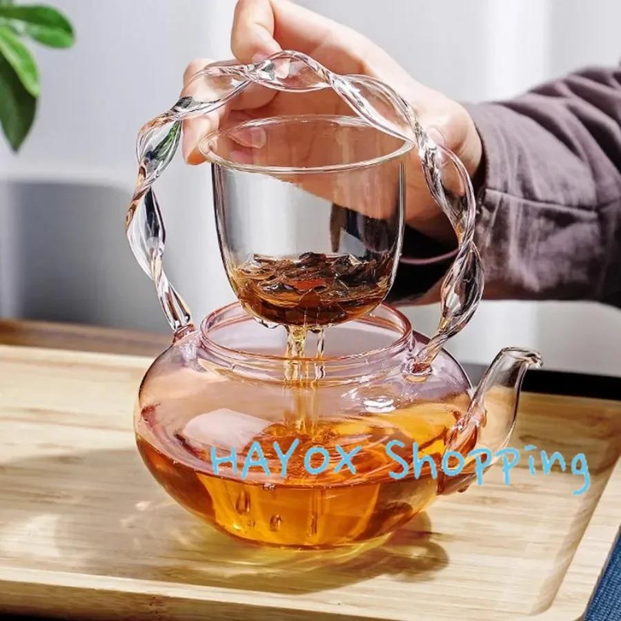 700ml Cam Demlik Çay Su Ayırma Saplı Demlik Yaratıcı Pembe Kelebek Düğmeli Çiçek Çay Takımı Yüksek Sıcaklığa Dayanıklı Fincan