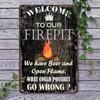 Vintage Welcome To Our Fire Pit Metal Tin Sign  Rustic Camping Decor with  Open Flame Design   Perfect for Patio Garden