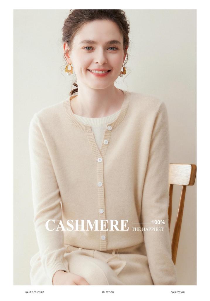 Lekasha Women's 100% Pure Cashmere Round Neck Single-Breasted Pullover with Faux Two-Piece Long Sleeves