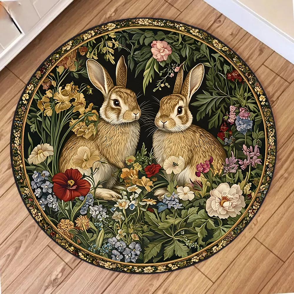 Cute Rabbit Round Carpet Ethnic Style Flowers Bunny Area Rug Soft Non-slip Animal Home Decor Floor Mat Holiday Living Room Decor