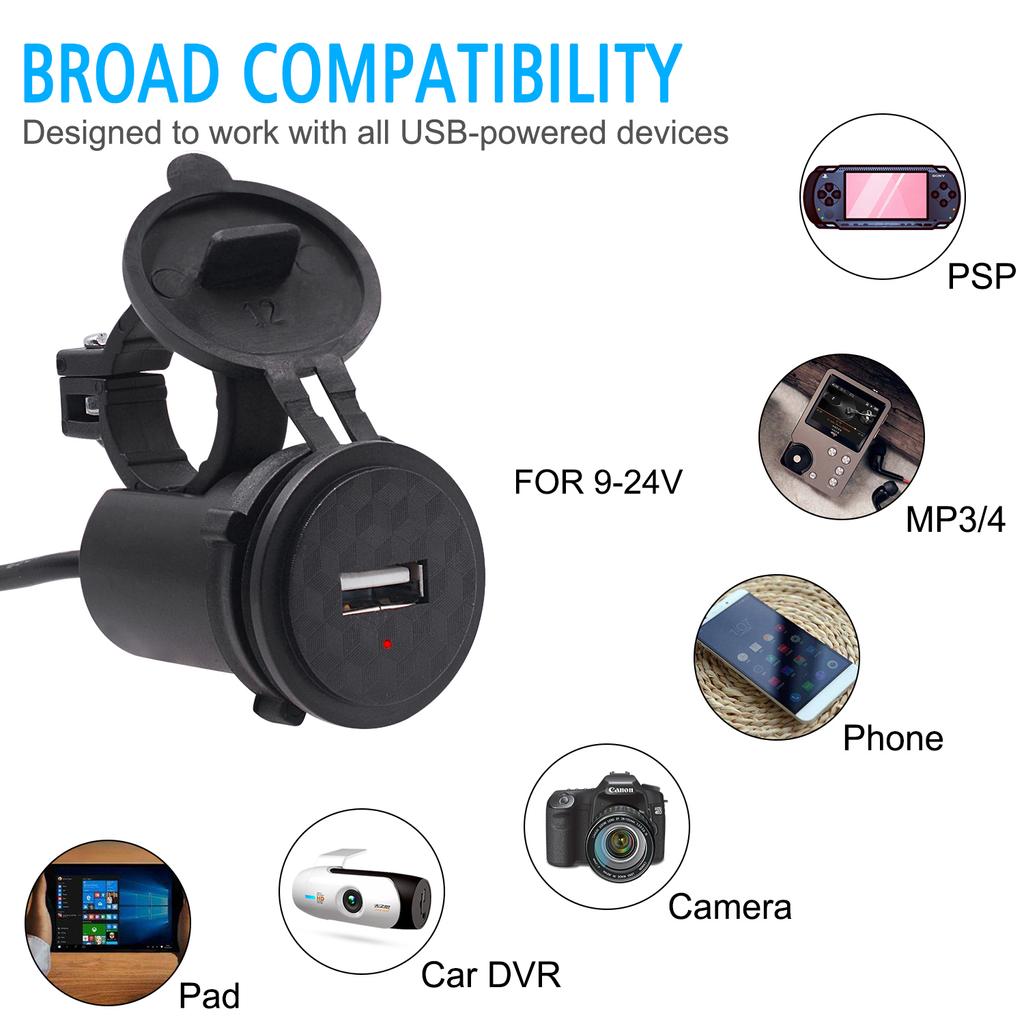 USB Motorcycle Mobile Charger, 12V Waterproof, Single-Port